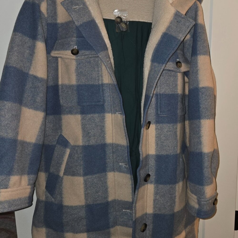 Sundance blue buffalo-check hooded jacket/ shacket/car coat. XL. NWOT - Picture 2 of 8